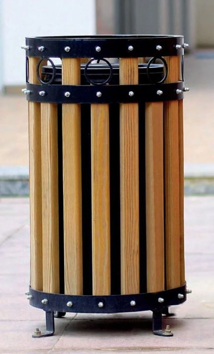 Casa Padrino Park Abfallbehälter Schwarz / Naturfarben H. 63 cm - Runder Stadt Abfalleimer