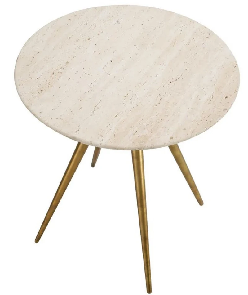 Casa Padrino Luxus Beistelltisch mit Travertin Tischplatte Beige / Vintage Messing Ø 45,5 x H. 47,5 cm