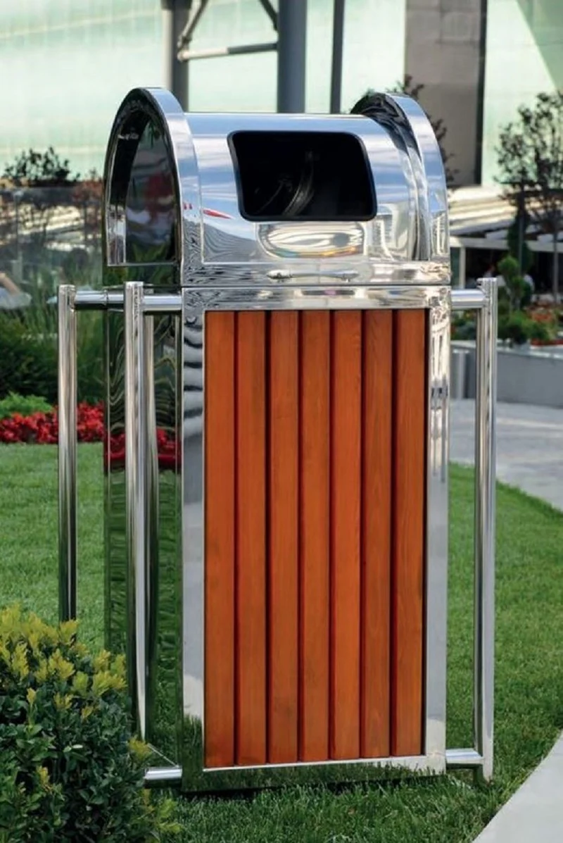 Casa Padrino Park Abfallbehälter Silber / Braun H. 90 cm - Stadt Abfalleimer - Edelstahl Mülleimer