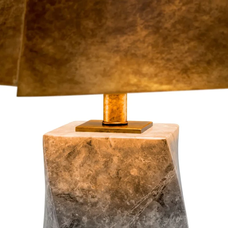 Casa Padrino Luxus Marmor Tischleuchte mit Metall Lampenschirm Grau / Antik Messing Ø 53 x H. 78 cm