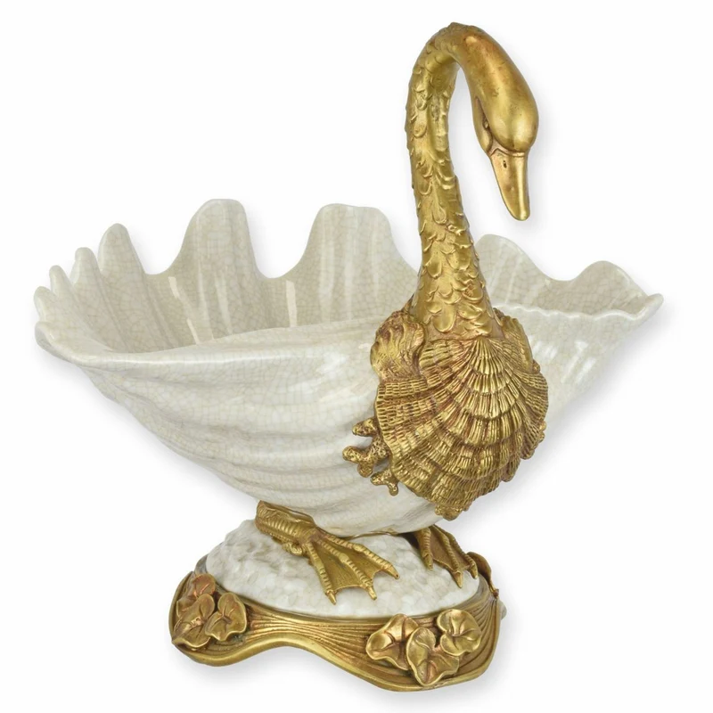 Casa Padrino Jugendstil Porzellan Schüssel Schwan Weiß / Gold 27,1 x 23,5 x H. 25,3 cm