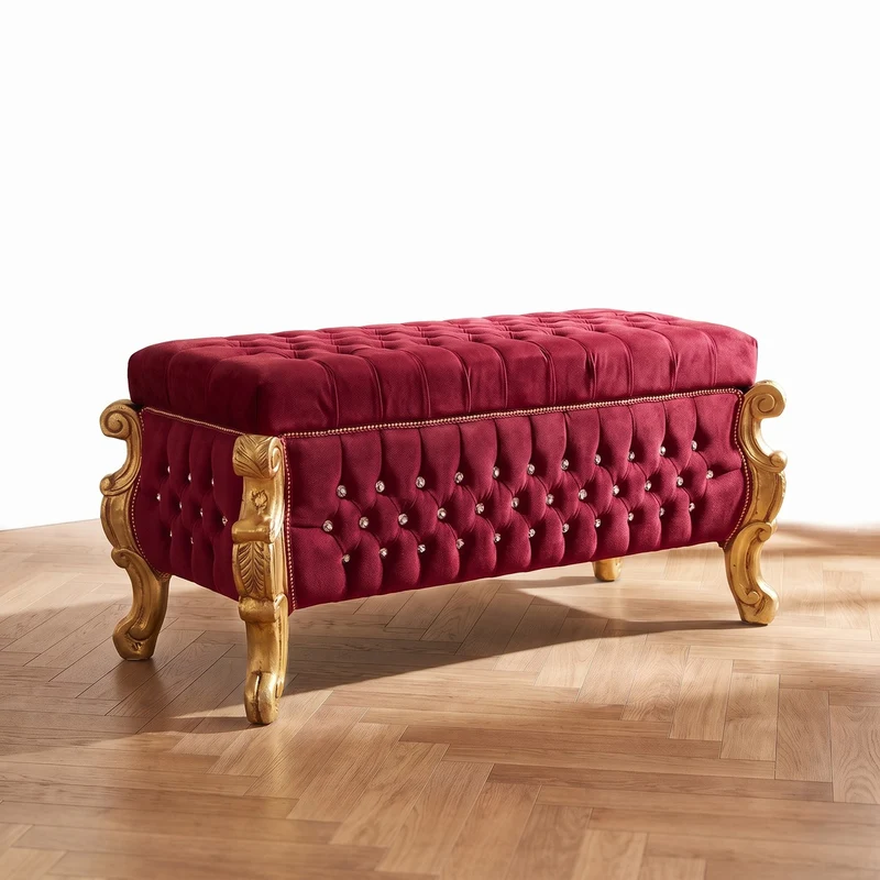 Casa Padrino Barock Sitzbank - Truhe mit Glitzersteinen Bordeauxrot / Gold - Barock Möbel
