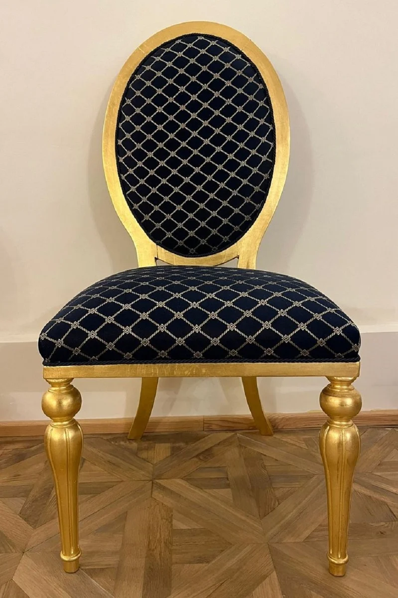 Casa Padrino Barock Esszimmer Stuhl mit Muster Blau / Gold - Esszimmer Möbel im Barockstil