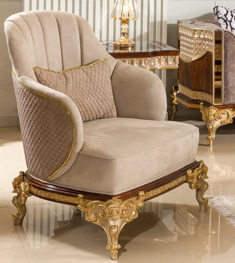Casa Padrino Luxus Barock Wohnzimmer Sessel Grau / Dunkelbraun / Gold - Barock Möbel