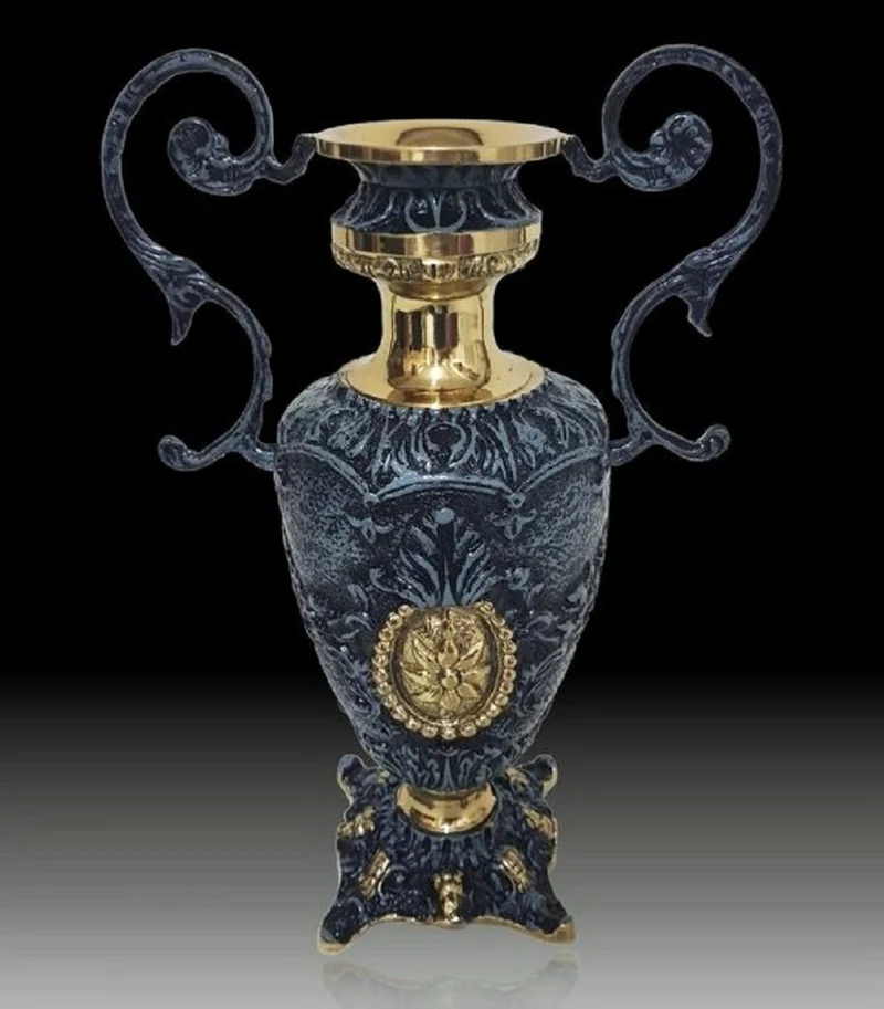 Casa Padrino Luxus Barock Vase Blau / Gold 23 x H. 34 cm - Handgefertigte Barockstil Blumenvase