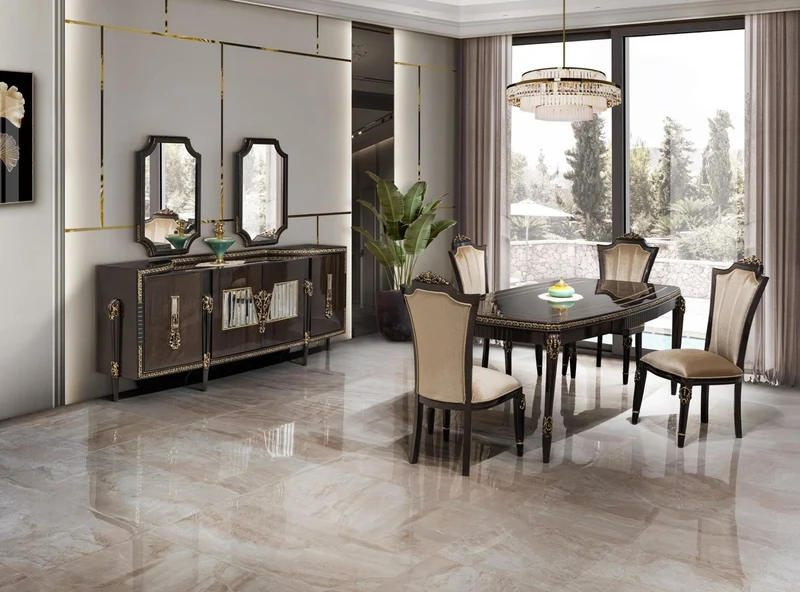 Casa Padrino Luxus Barock Esszimmer Set Hellbraun / Dunkelbraun / Gold - 1 Esstisch & 6 Esszimmerstühle