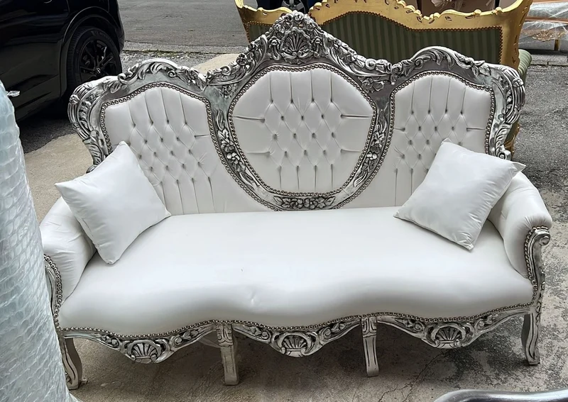 Casa Padrino Barock Kunstleder Sofa Weiß / Silber 180 cm - Barock Wohnzimmer Möbel