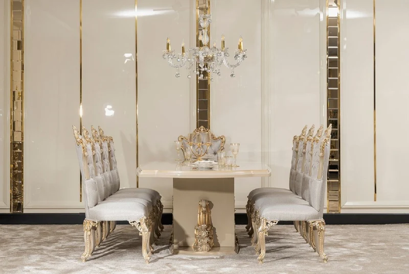 Casa Padrino Luxus Barock Esszimmer Set Silber / Grau / Gold - 1 Barock Esstisch & 8 Barock Esszimmerstühle