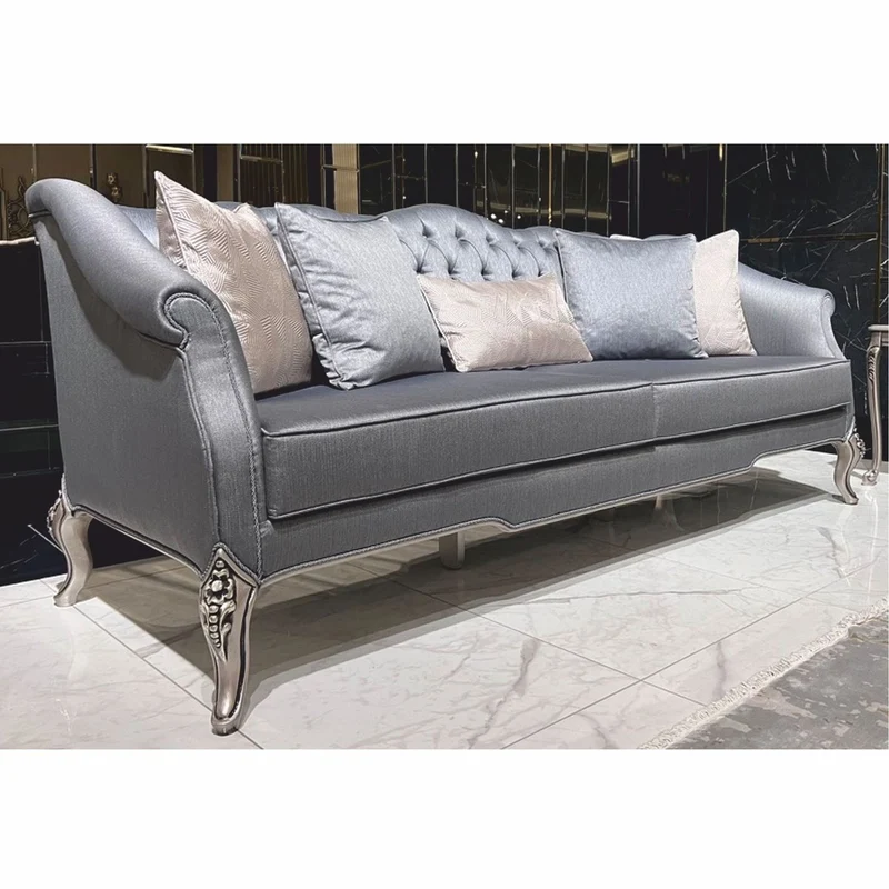 Casa Padrino Luxus Barock Sofa Hellblau / Silber 225 cm - Barockstil Wohnzimmer Möbel