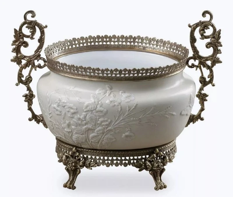 Casa Padrino Barock Porzellan Schüssel Grau / Weiß / Bronze H. 34 cm - Barock Deko Accessoires