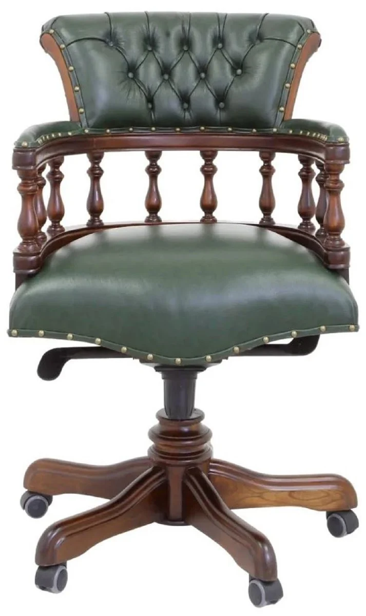 Casa Padrino Luxus Barock Chesterfield Echtleder Schreibtischstuhl Grün / Braun H. 107 cm - Barock Büro Möbel