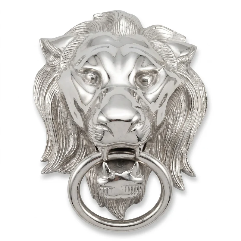Casa Padrino Barock Aluminium Türklopfer Löwe Silber H. 40 cm - Barock Deko Accessoires