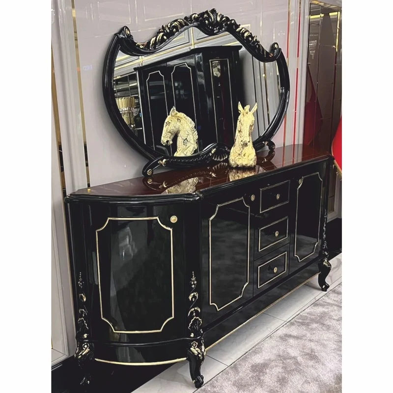 Casa Padrino Luxus Barock Sideboard mit Spiegel Schwarz / Dunkelbraun / Gold - Handgefertigte Barock Möbel