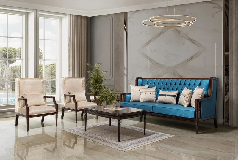 Casa Padrino Luxus Barock Sofa Blau / Dunkelbraun 230 cm