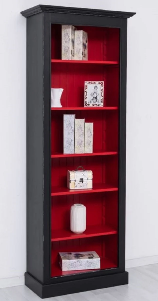 Casa Padrino Landhausstil Massivholz Bücherschrank Schwarz / Rot H. 210 cm - Landhausstil Möbel