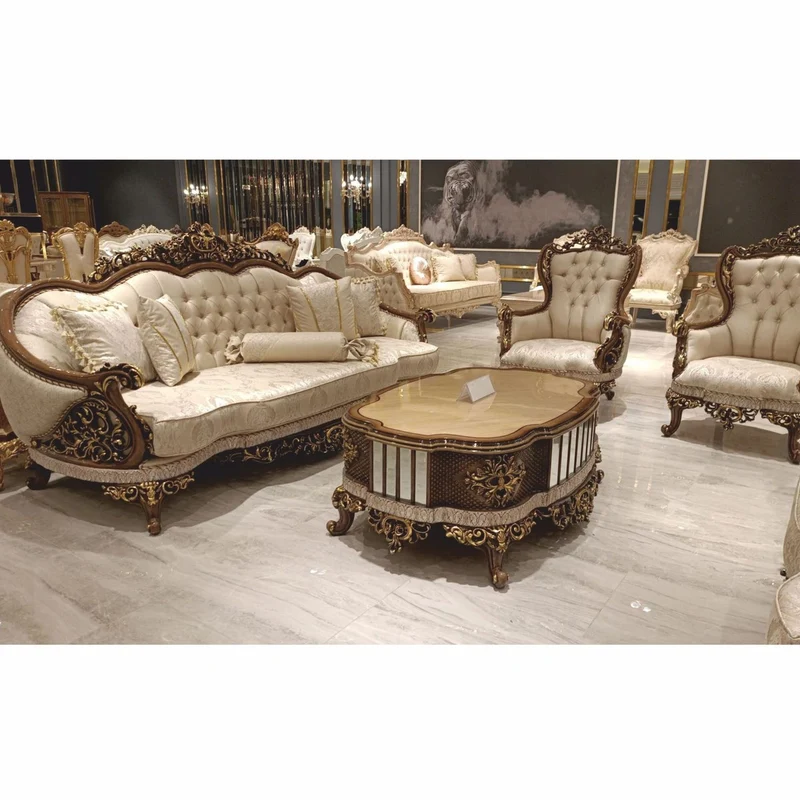 Casa Padrino Luxus Barock Couchtisch Beige / Braun / Gold 125 cm - Barockstil Wohnzimmer Möbel