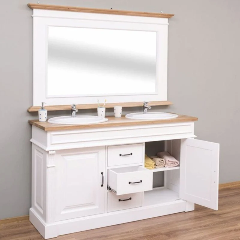 Casa Padrino Landhausstil Doppel Waschbeckenschrank Weiß / Naturfarben 150 cm