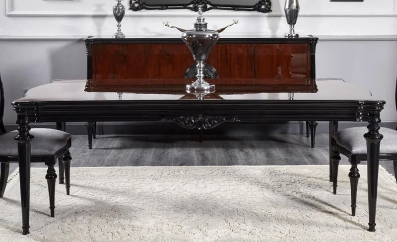 Casa Padrino Luxus Barock Esszimmer Set Silbergrau / Schwarz - 1 Barock Esstisch & 6 Barock Esszimmerstühle