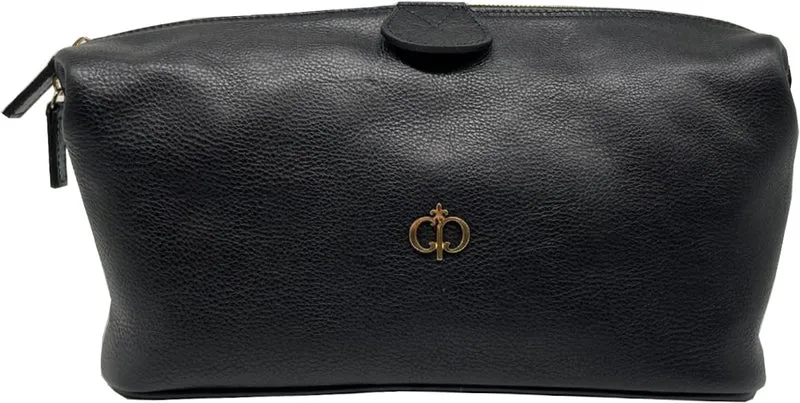 Casa Padrino Luxus Echtleder Kosmetiktasche Schwarz / Gold 28 cm - Made in Italy