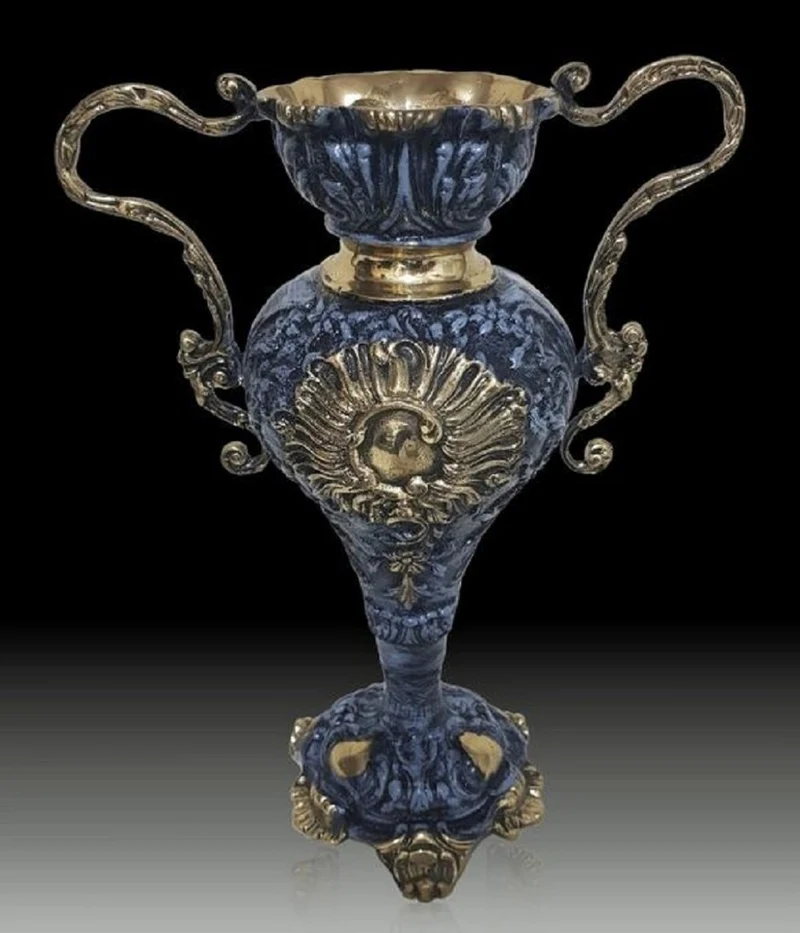 Casa Padrino Luxus Barock Vase Blau / Gold 30 x H. 38 cm - Handgefertigte Barockstil Blumenvase
