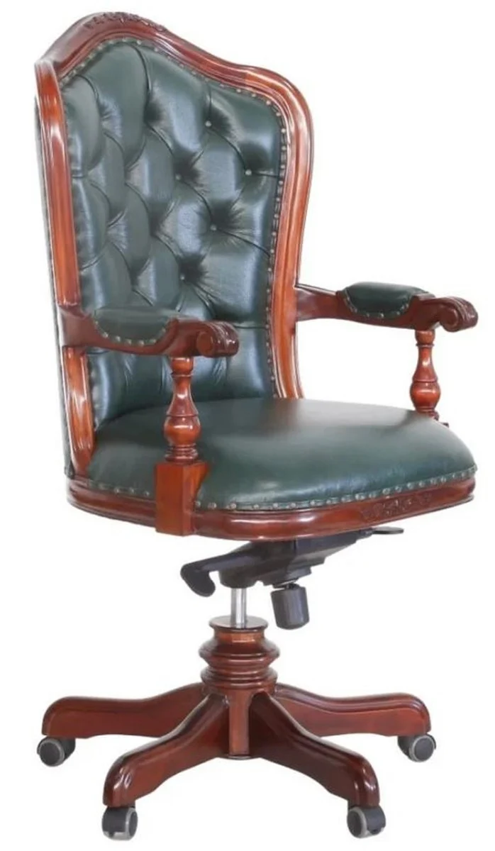 Casa Padrino Luxus Barock Chesterfield Echtleder Schreibtischstuhl Dunkelgrün / Braun H. 123 cm - Barock Büro Möbel