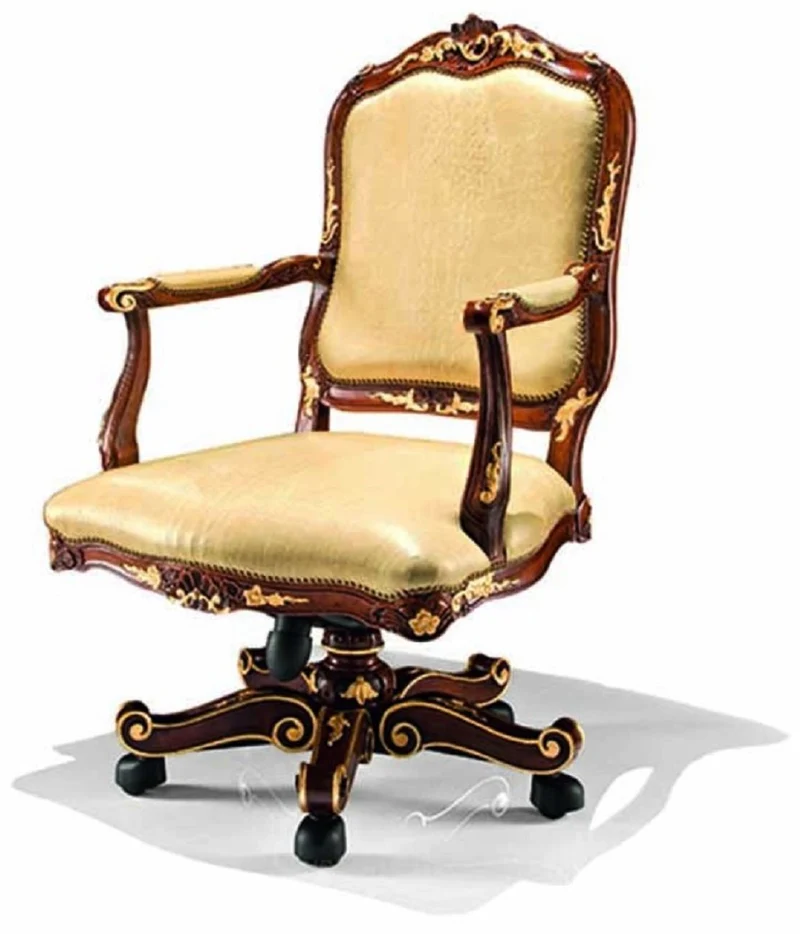 Casa Padrino Luxus Barock Leder Schreibtischstuhl Beige / Braun / Gold - Made in Italy