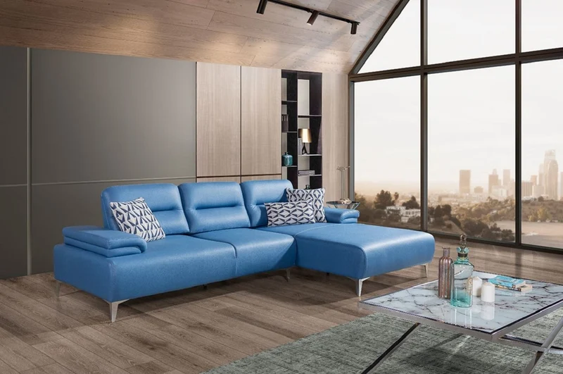 Casa Padrino Luxus Kunstleder Ecksofa Blau / Silber 285 x 182 cm - Wohnzimmer Möbel