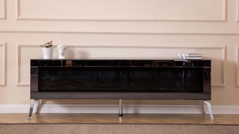 Casa Padrino Luxus TV Schrank mit LED Elektrokamin und Fernbedienung Silber 180 cm