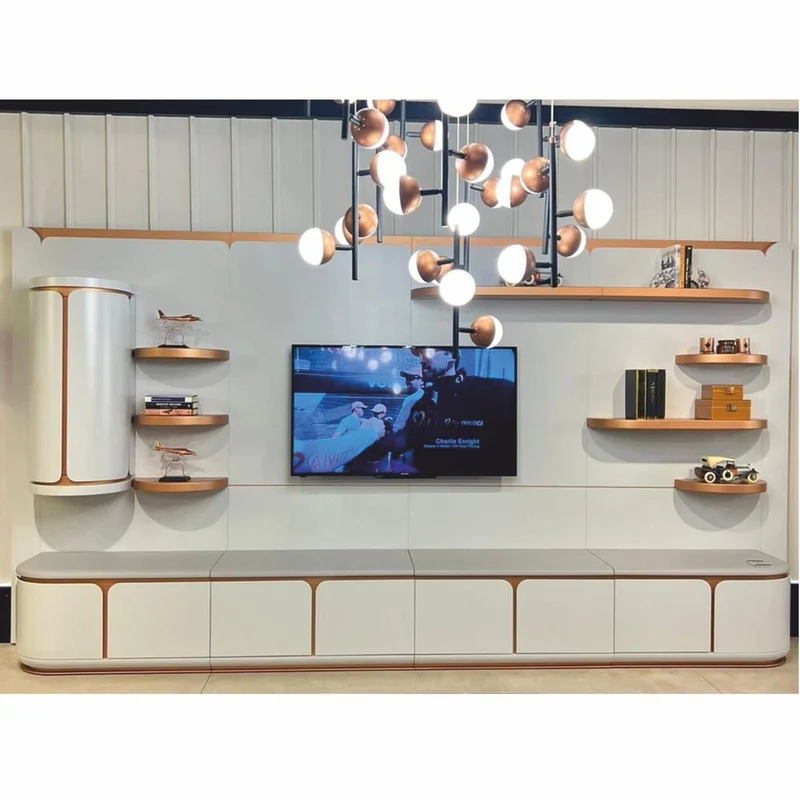 Casa Padrino Luxus TV Sideboard Weiß / Grau / Kupfer 400 cm - Wohnzimmer & Hotel Möbel