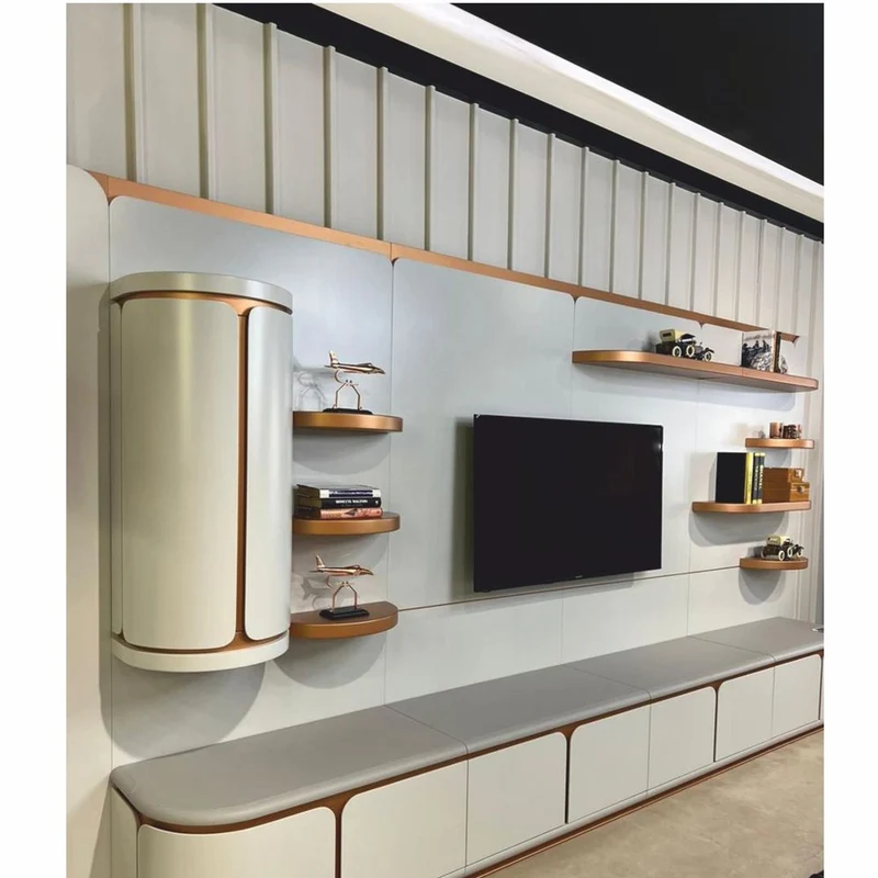 Casa Padrino Luxus TV Sideboard Weiß / Grau / Kupfer 400 cm - Wohnzimmer & Hotel Möbel
