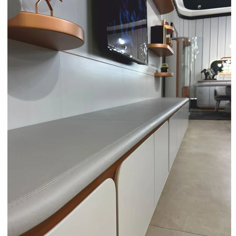 Casa Padrino Luxus TV Sideboard Weiß / Grau / Kupfer 400 cm - Wohnzimmer & Hotel Möbel