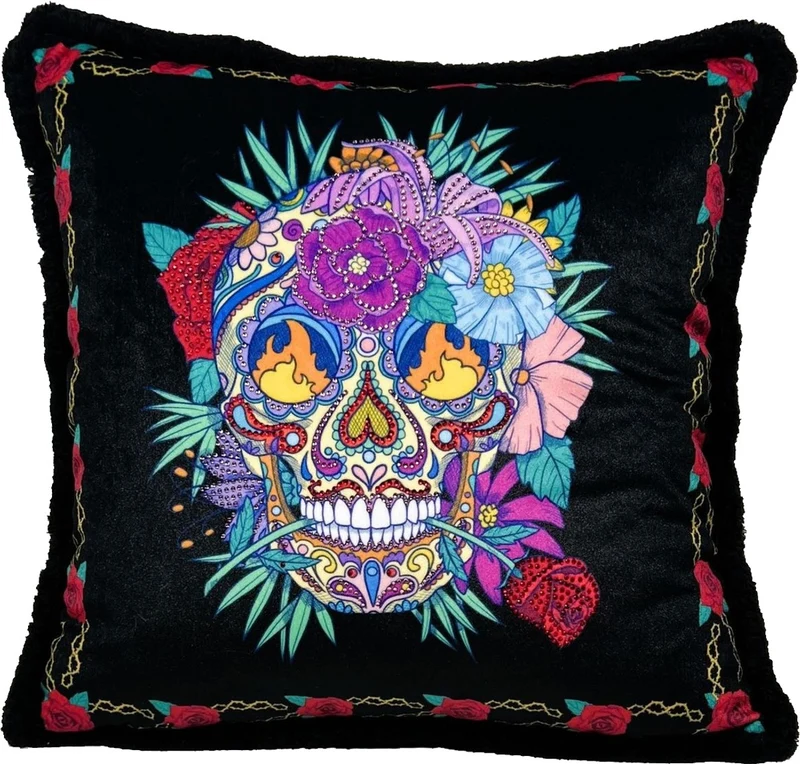 Frida Kahlo by Casa Padrino Luxus Deko Kissen mit Strass Steinen Schwarz / Bunt