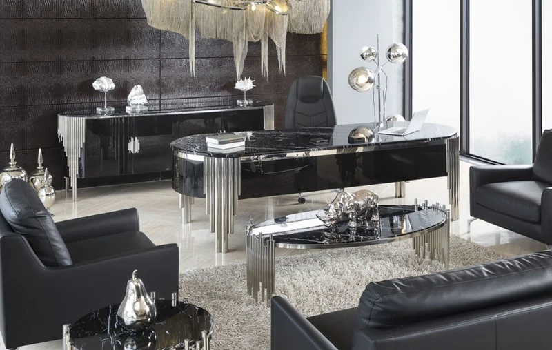 Casa Padrino Luxus Schreibtisch mit Kunstmarmor Tischplatte Schwarz / Silber 260 cm - Luxus Büro Möbel