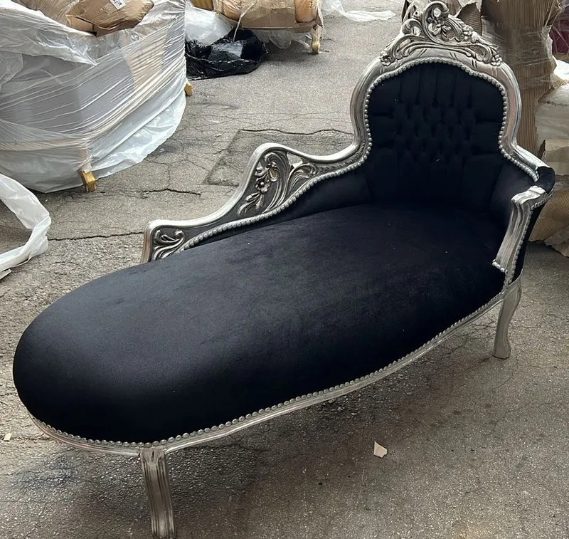 Casa Padrino Barock Chaiselongue Schwarz / Silber 155 cm - Barock Möbel