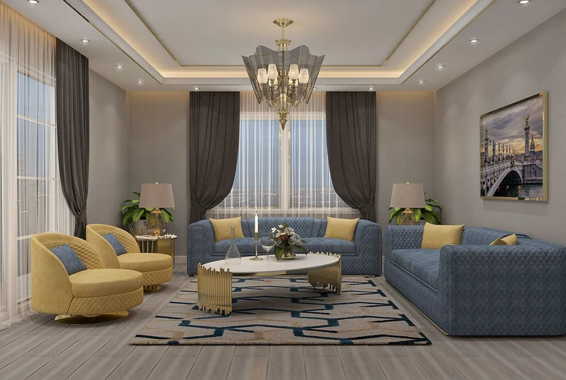 Casa Padrino Luxus Wohnzimmer & Hotel Sofa Blau / Gold 260 cm