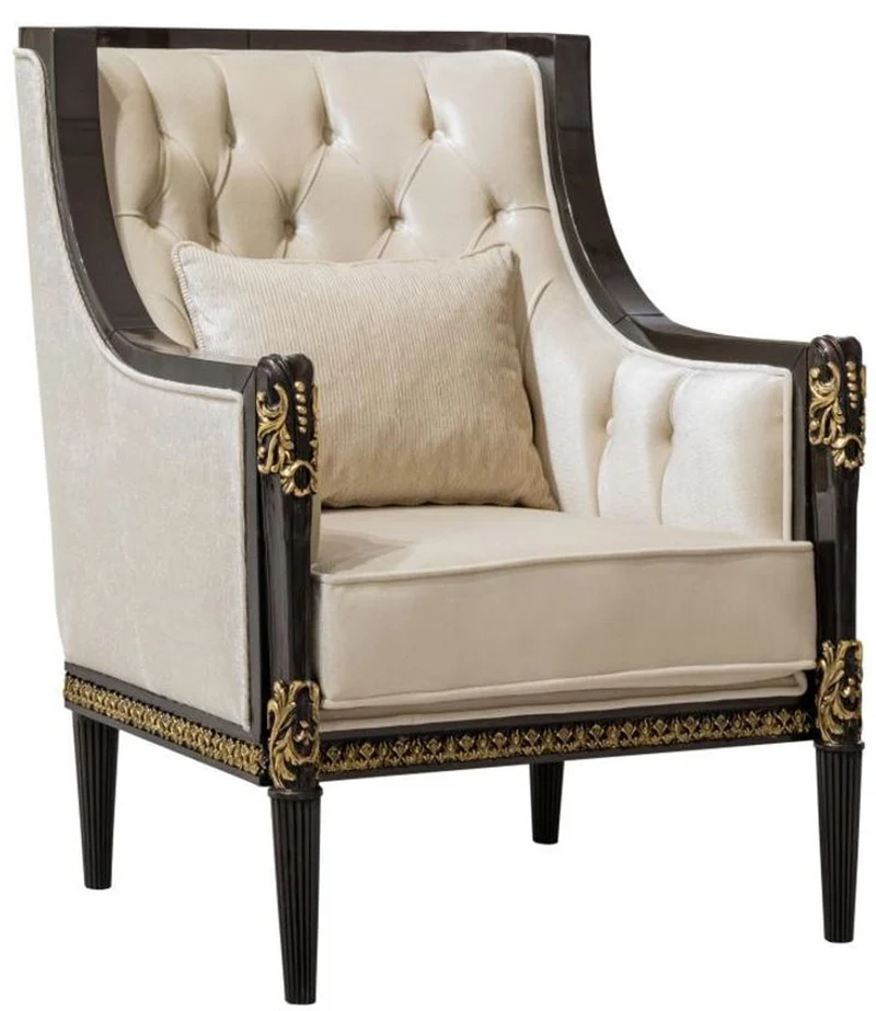 Casa Padrino Luxus Barock Wohnzimmer Sessel Creme / Dunkelbraun / Gold - Barock Möbel
