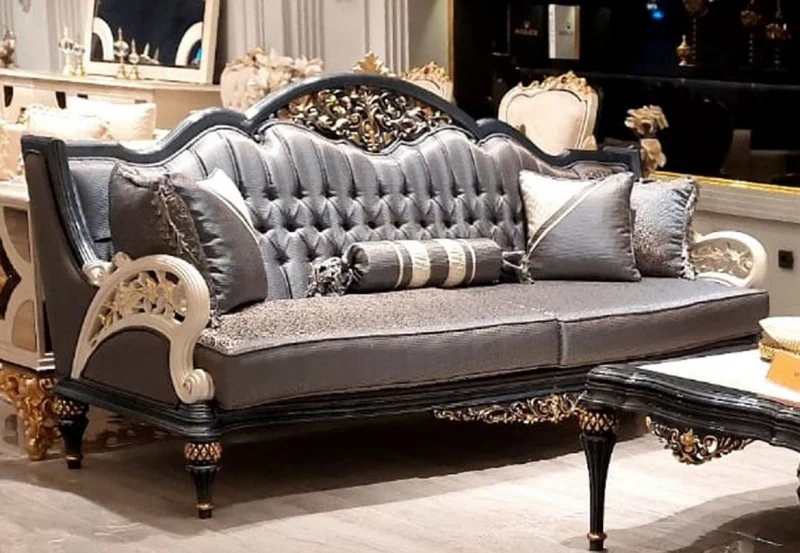 Casa Padrino Luxus Barock Wohnzimmer Sofa Grau / Weiß / Gold 226 cm - Barock Wohnzimmer Möbel