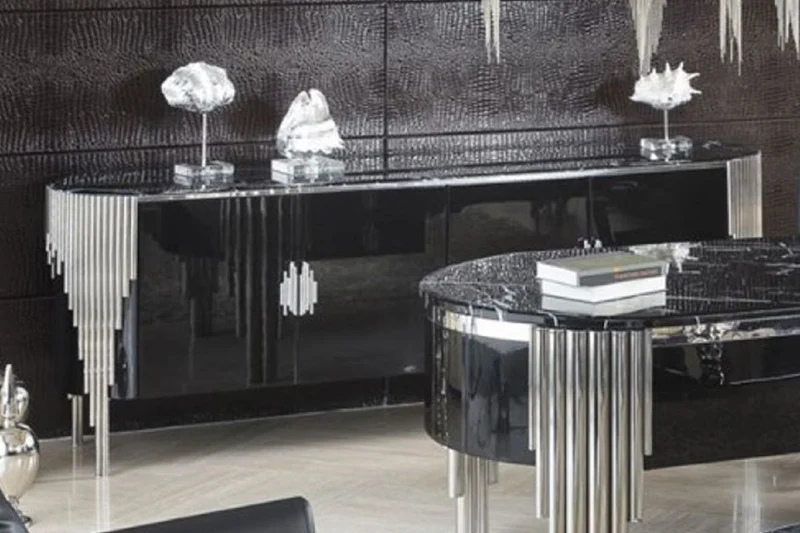 Casa Padrino Luxus Sideboard mit 4 Türen und Kunstmarmor Platte Schwarz / Silber 251,2 cm - Luxus Möbel