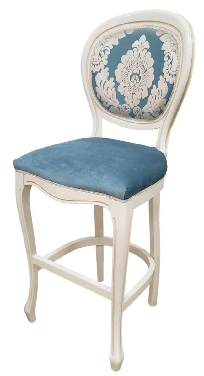 Casa Padrino Luxus Barock Barstuhl Blau / Weiß H. 120 cm - Barock Bar Möbel