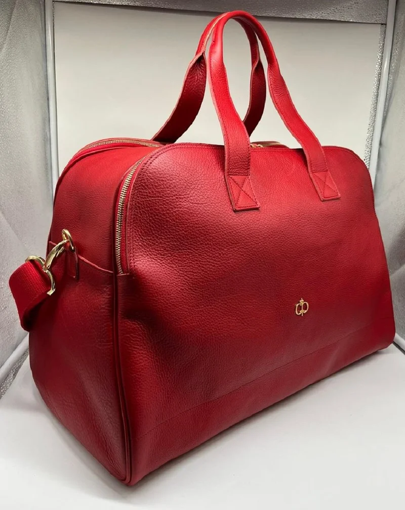 Casa Padrino Luxus Echtleder Reisetasche Rot / Gold 50 cm - Made in Italy