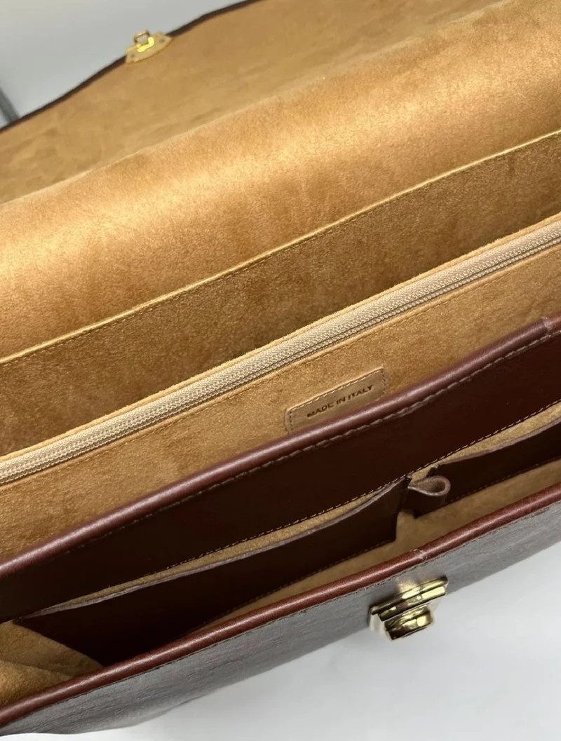 Casa Padrino Luxus Echtleder Herren Aktentasche Dunkelbraun / Gold 42 cm - Made in Italy