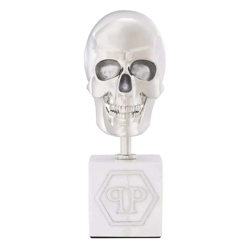 Philipp Plein Luxus Designer Deko Totenkopf Platinfarben / Weiß H. 20cm - Skull Skulptur aus Marmorsockel
