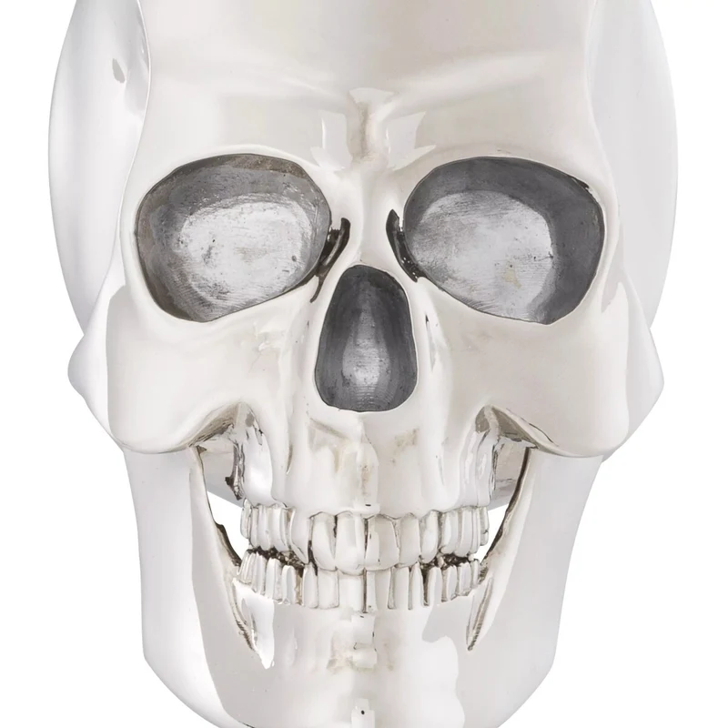 Philipp Plein Luxus Designer Deko Totenkopf Platinfarben / Weiß H. 20cm - Skull Skulptur aus Marmorsockel