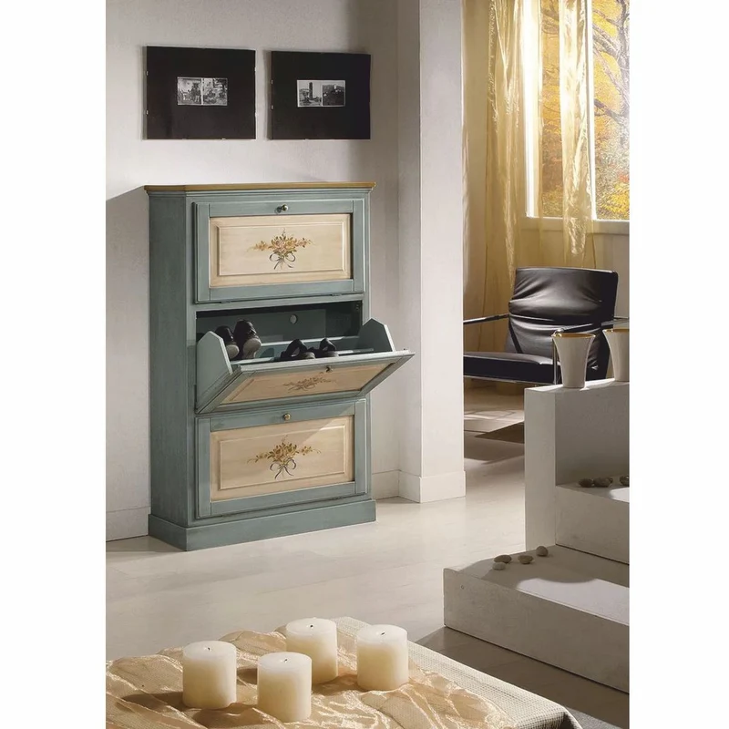 Casa Padrino Luxus Barock Schuhschrank Blau / Naturfarben / Braun H. 130 cm - Made in Italy