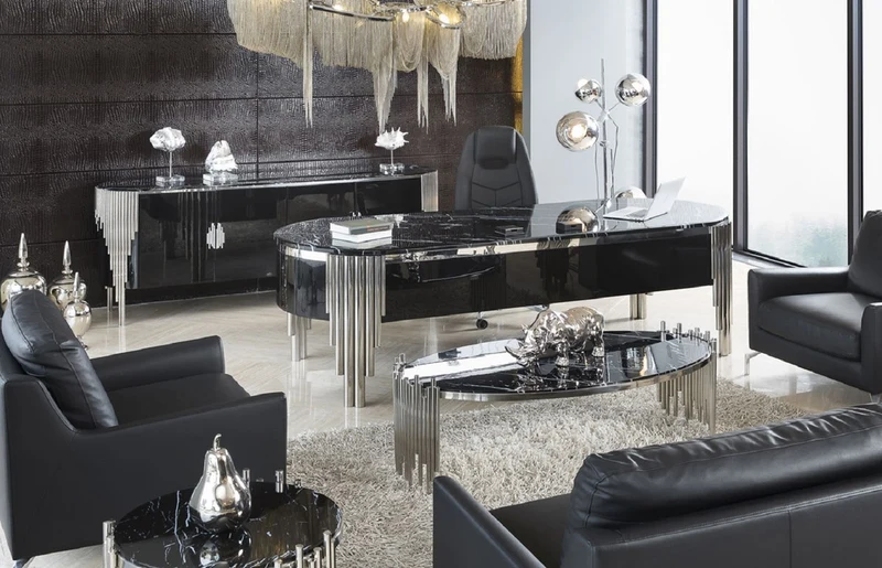 Casa Padrino Luxus Couchtisch mit Kunstmarmor Tischplatte Schwarz / Silber 140 cm - Luxus Möbel