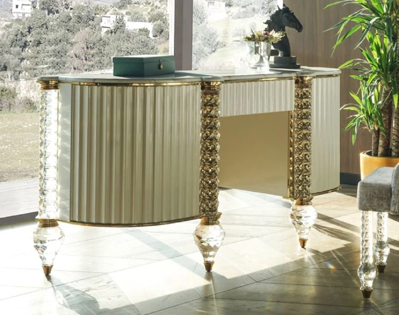 Casa Padrino Luxus Art Deco Schminkkommode Weiß / Gold 188 cm - Luxus Art Deco Schlafzimmer Möbel