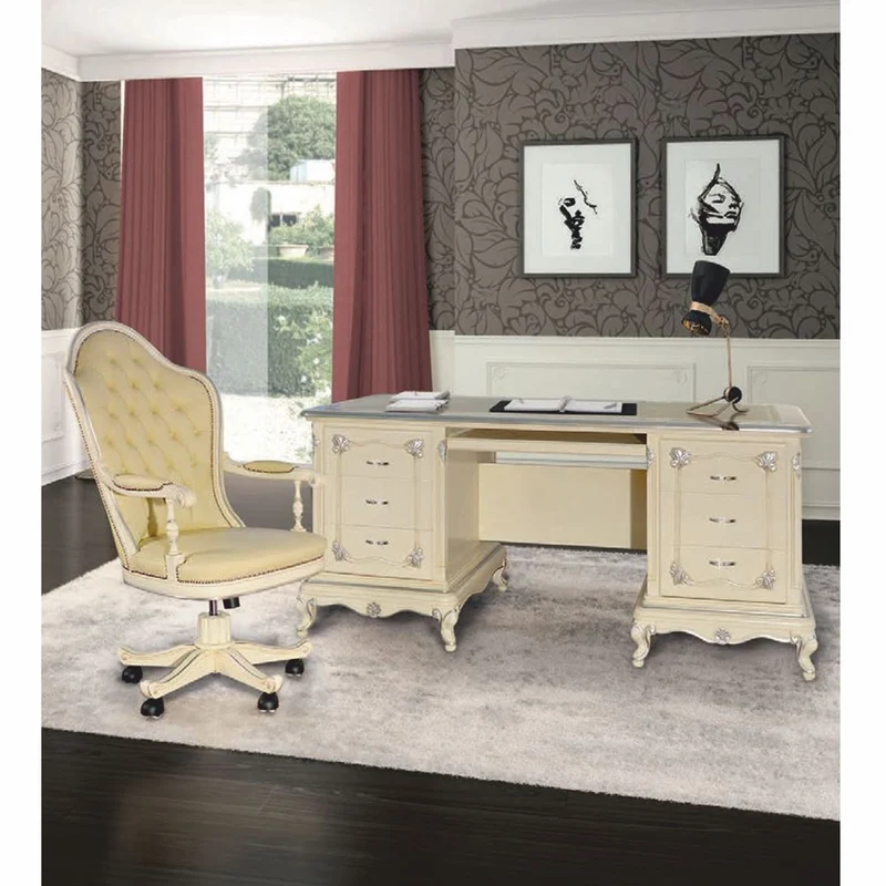 Casa Padrino Luxus Barock Chesterfield Leder Schreibtischstuhl Creme / Silber - Made in Italy