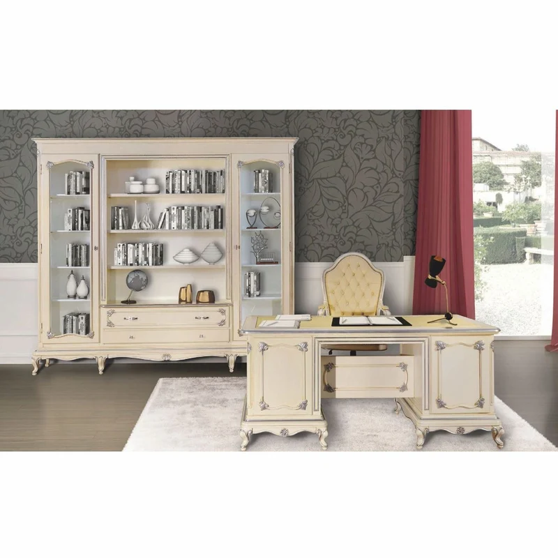 Casa Padrino Luxus Barock Chesterfield Leder Schreibtischstuhl Creme / Silber - Made in Italy