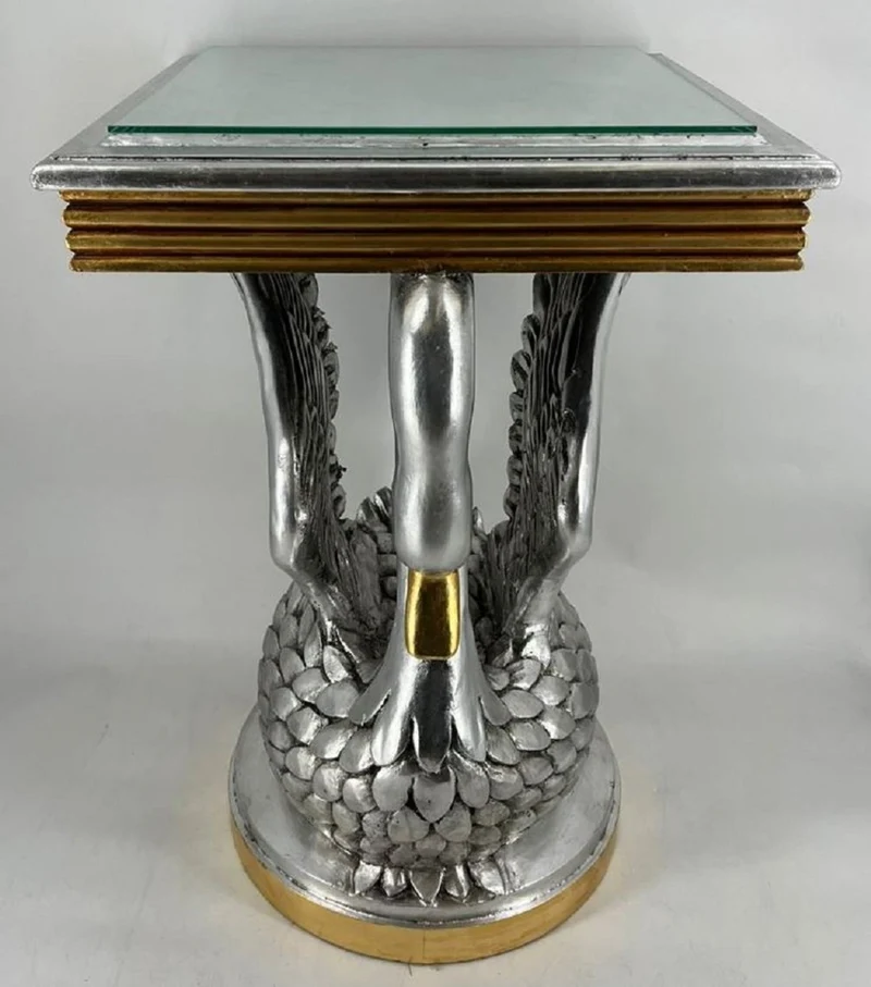 Casa Padrino Barock Beistelltisch Schwan mit Glasplatte Silber / Gold H. 78 cm - Barock Möbel