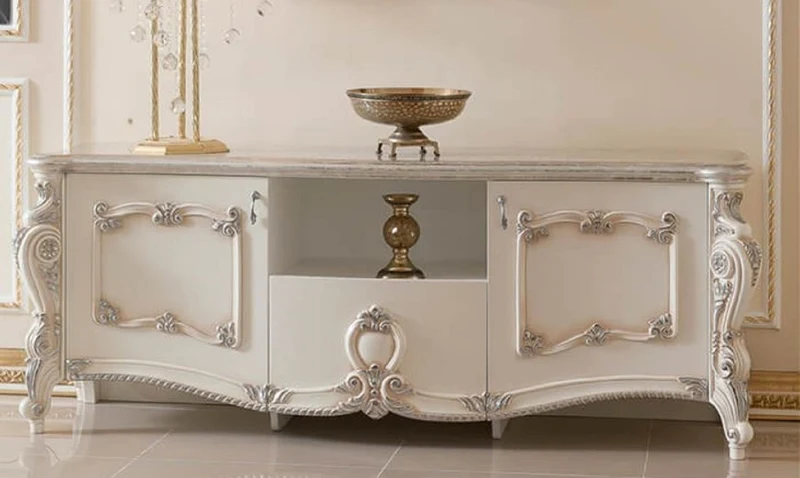Casa Padrino Luxus Barock TV Schrank Weiß / Creme / Silber 190 cm